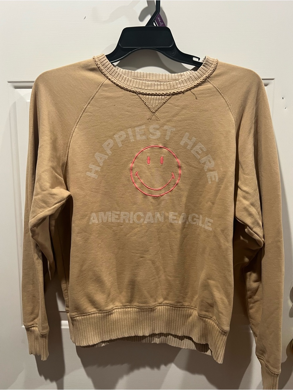 American Eagle Outfitters Tan Sweatshirt with Pink Smile Logo